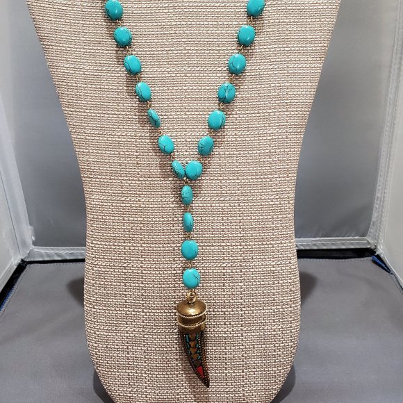 Jewelry - Howlite Turquoise Beaded Necklace with Bronze Amulet